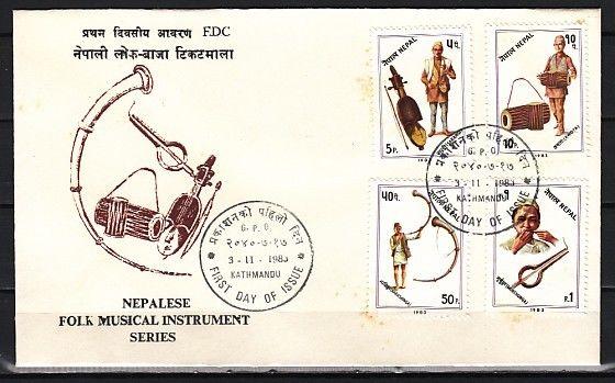 Nepal, Scott cat. 411-414. Native Music Instruments issue on a First day cover.