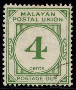 MALAYSIA - Malayan Postal Union GVI SG D2, 4c green, FINE USED.