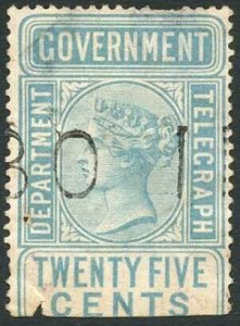 Ceylon SGT11 25c Blue-Green (thin) Telegraph Stamp Wmk Crown CA (Narrow)