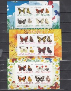 Malawi, 2010 Cinderella issue. Butterflies, 3 IMPERF sheets of 4.