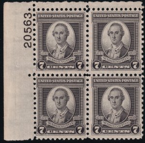 Sc# 712 U.S 1932 Washington Bicentennial 7¢ plate block 20563 MNH CV $12.00