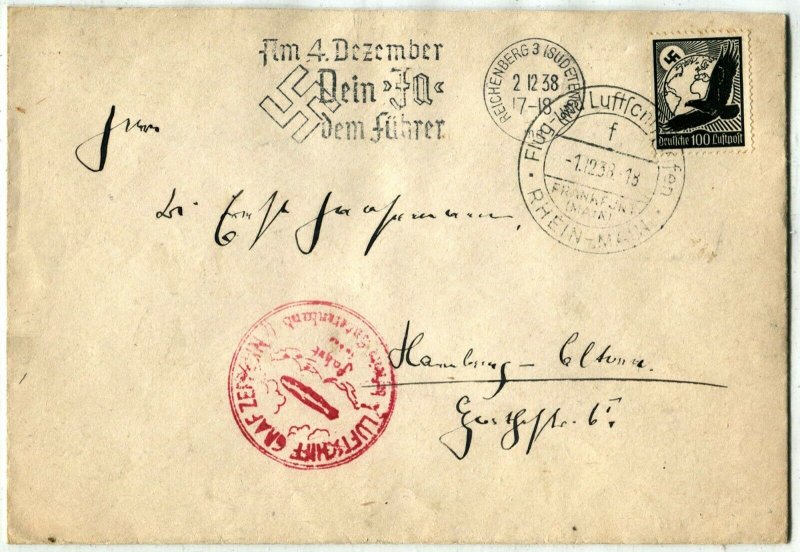 Graf Zeppelin LuftPost GERMANY Deutsches Reich Airmail Cover Frankfurt 1938