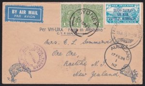 NEW ZEALAND AUSTRALIA 1934 Capt Ulm flight cover - 7d Trans Tasman.........a5320