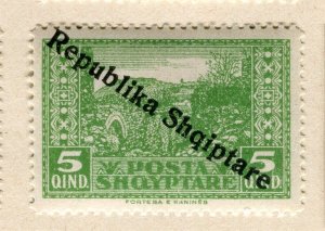 ALBANIA; 1925 early Pictorial issue + REP. SHQIPTARE Optd. Mint hinged 5q.