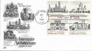 1980 FDC, #1841a, 15c American Architecture, Art Craft, block of 4