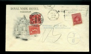 NICE HOTEL T6 POSTAGE DUE to SWITZERLAND tied to 1948 War Issue cover Canada