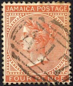 Jamaica SG22b 4d Red-brown Wmk CA (toned) Highgate A47 Pmk