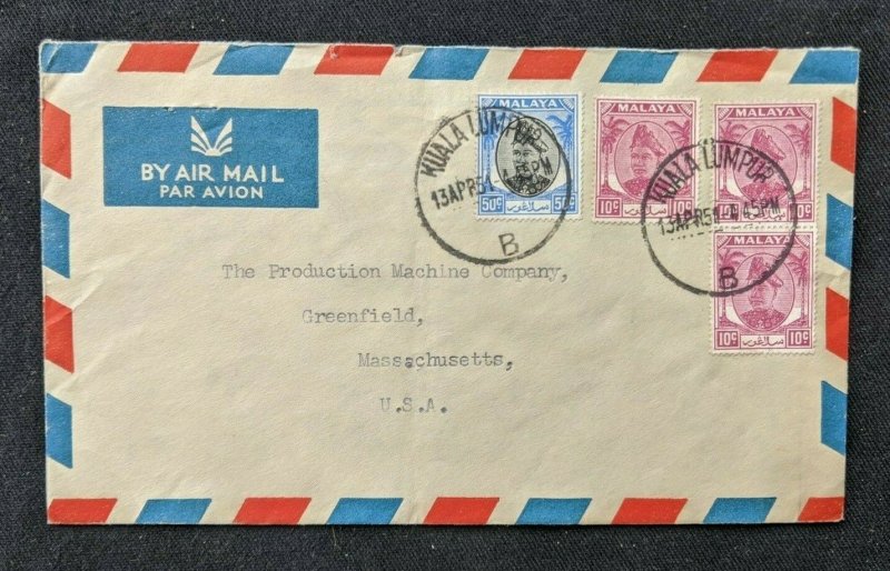 1951 Kuala Lumpur Malaya Airmail Cover to Greenfield Massachusetts USA