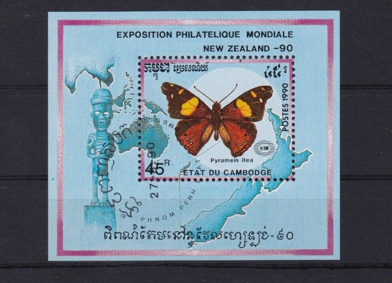 SA15d Cambodia 1990 Int Stamp Exhibition New Zealand - Butterfly used minisheet