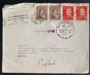 1953 Rosario  Argentina Deficient Address   Cover To Watford England