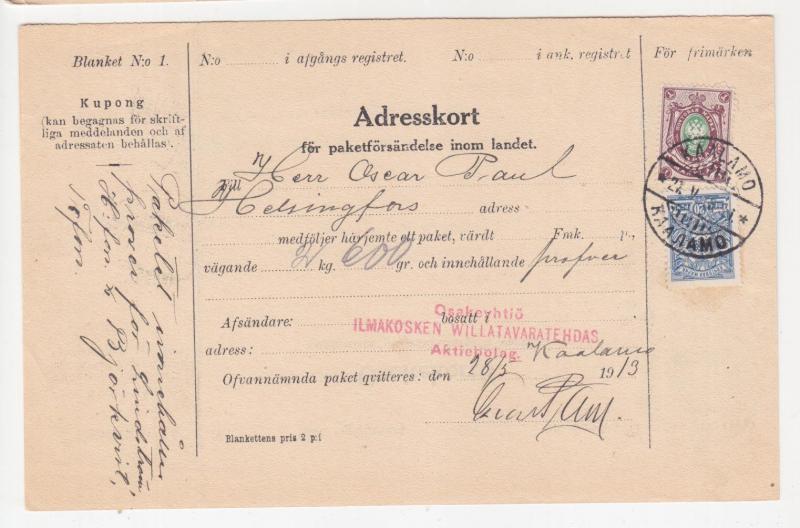 FINLAND, Parcel Card, 1913, Kaalamo to Helsingfors, 120p.