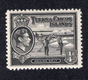 Turks & Caicos 1938 1/4p black Raking Salt, Scott 78 MH, value = 25c