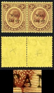 Jamaica SG72 3d purple on lemon paper Damaged A (left stamp) U/M