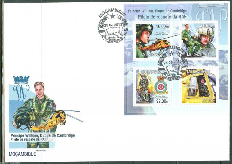 MOZAMBIQUE 2013 PRINCE WILLIAM DUKE OF CAMBRIDGE RAF PILOT  SHEET  FDC