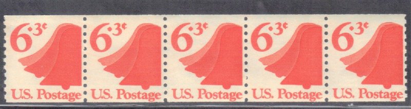 USA SCOTT #1518    LIBERTY BELL STRIP OF 5 COIL  1973-74   6.3c SEE SCAN