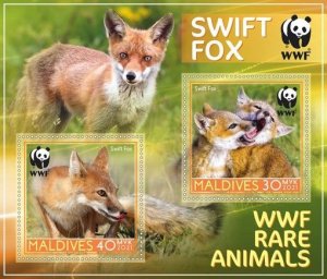 Stamps. Fauna Animals WWF Fox  1+1 sheets perforated 2021 year Maldivies