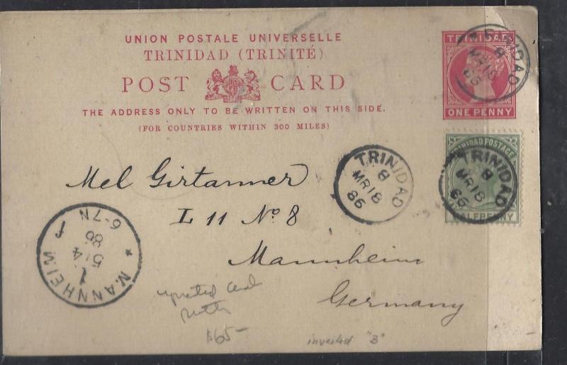 TRINIDAD   (P2710B) 1896 1D PSC UPRATED 1/2D TO GERMANY WITH MSG