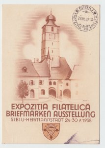 ROMANIA POSTCARD 1938 STAMPS EXPO SIBIU CASTLE USED GERMANY POST