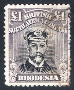 Rhodesia 1919 £1 Black&Dp Pur PERF 14 DIE III SG 279 Sc 138 VFU Cat £650($845)