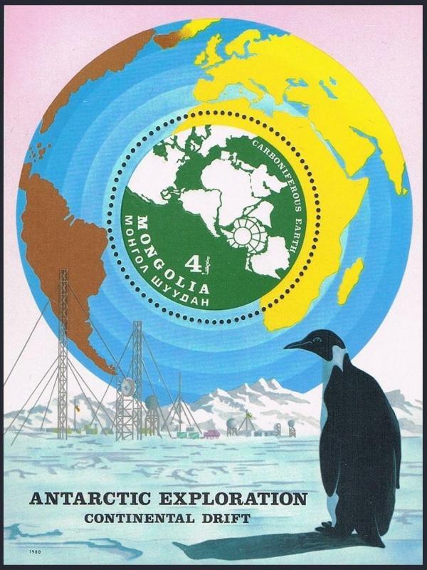 Mongolia 1145,MNH.Mi Bl.67. World Map showing continental drift.Penguin,1980.