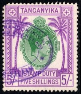 1950 Tanganyika Revenue King George VI 5 Dollars General Stamp Duty Used