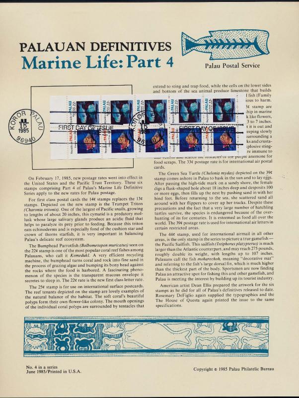 Palau 76b Booket pane on Souvenir Page - Marine Life, Fish, Shell