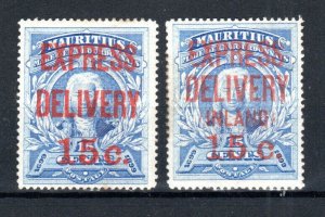 Mauritius 1903-04 15c on 15c Express Delivery 2 x opt varieties SG E1 and E3 MH