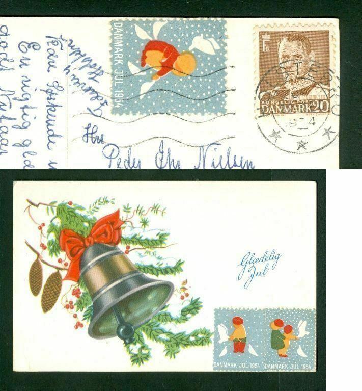 Denmark. Christmas Card 1954 With Seal + 20 Ore. Bell. Cancel: Holstebro