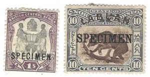 BRITISH CENTRAL AFRICA 1897 1 SH. S.G. 46 & 10 C. LABNAN OVERPRINT SPECIMEN