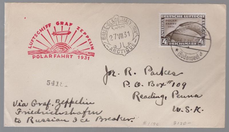 1931 Germany Graf Zeppelin Polar Flight LZ 127 # C42 Icebreaker Malyguin Cover