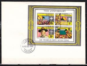 Tanzania, Scott cat. 208a. Scouting, 75th Anniversary s/sheet. First day cover ^