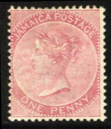 Jamaica #18 Cat$72.50, 1885 1p carmine, hinged, pencil notation