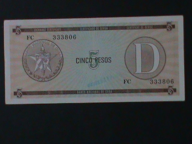 ​CUBA-NATIONAL BANK OF CUBA-$5-PESO-TOURIST EXCHANGE CERTIFICATE-UNC-VF-RARE