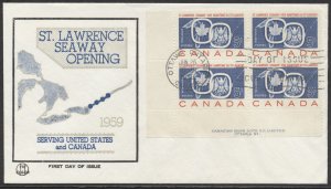 1959 #387 St Lawrence Seaway FDC Plate Block TriColor Cachet Ottawa