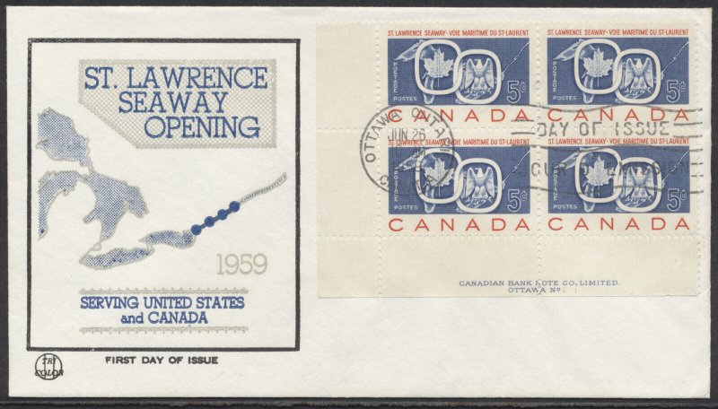 1959 #387 St Lawrence Seaway FDC Plate Block TriColor Cachet Ottawa