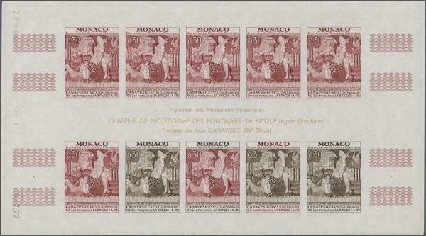 Monaco 905 sheet of 10 color proofs. 1972 Canavesio Art Paintings Religion