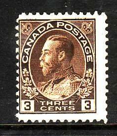 Canada-Sc#108- id3-unused  hinged remnant o.g.3c brown KGV Admiral -1918-