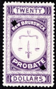 van Dam NBP6, $20 purple, used, VF/XF, New Brunswick Probate, Canada Revenue