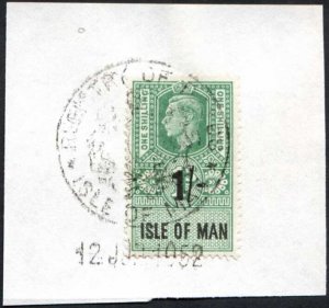 Isle of Man KGVI 1/- Key Plate Type Revenue Used on Piece