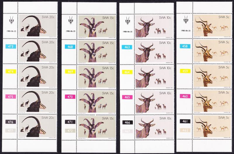 SWA Antelopes 4v strips of 5 with Control Numbers SG#345-348 MI#472-475