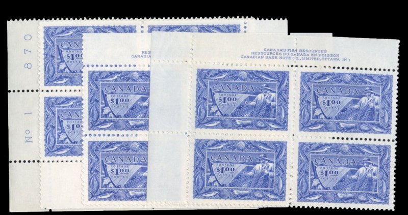 Canada #302 Cat$700, 1951 $1 Fishing, set of four matching plate blocks of fo...