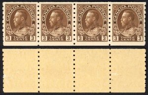 Canada SG224 3c Brown Coil strip of 4 Very Fine U/M (MNH) Unitrade Cat 500