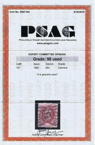 SC# 191 USED 90 CENT, PERRY, 1882,  2019 PSAG CERT GRADED XF, HIGH CAT VALUE 