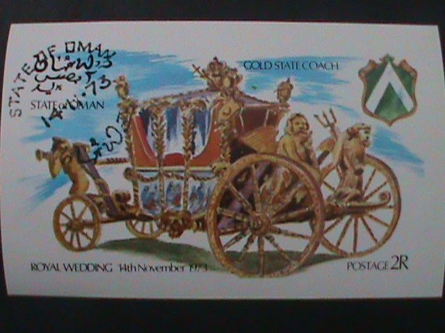 STATE OF OMAN-1973-ROYAL WEDDING-GOLD STATE COACH-CTO FANCY CANCEL -IMPERF S/S