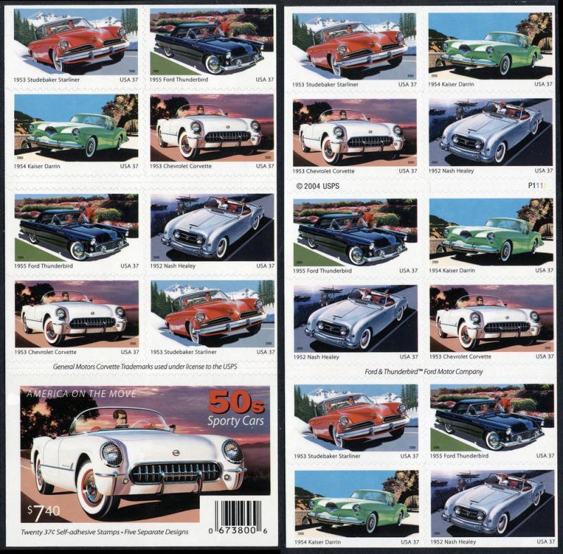 SC#3931-35 37¢ Sporty Cars of the 50's Booklet Pane of Twenty (2005) SA