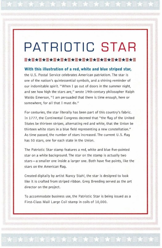 USPS First Day Ceremony Program #4749 Patriotic Star Red White Blue Stripes Coil 