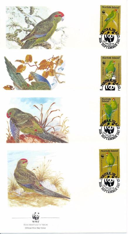 [53591] Norfolk Island 1987 Birds Vögel Oiseaux WWF FDC Parakeets 4 covers