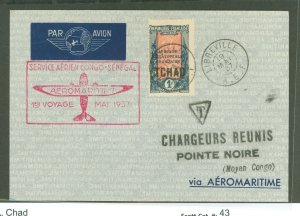 Chad 43 1937 1st Flight Congo-Senegal Maritime Air; cover posted Libreville with Pointe Noire backstamp.