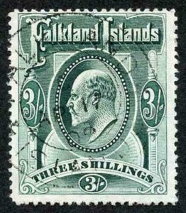 Falkland Is SG49 KEVII 3/- Green Very Fine used 