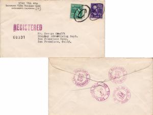 United States California Sacramento Registered 1944 violet double ring  3c Je...